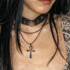 Brown Leather Layered Cross Choker with Roman Rivets BLACK