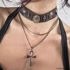 Brown Leather Layered Cross Choker with Roman Rivets BLACK