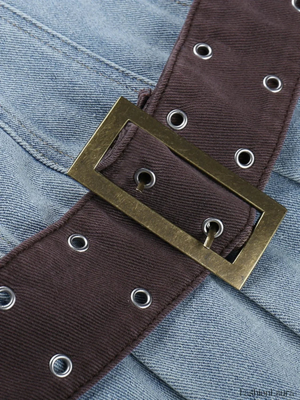 Buckle Belt Strapless Denim Mini Dress Mini Dresses