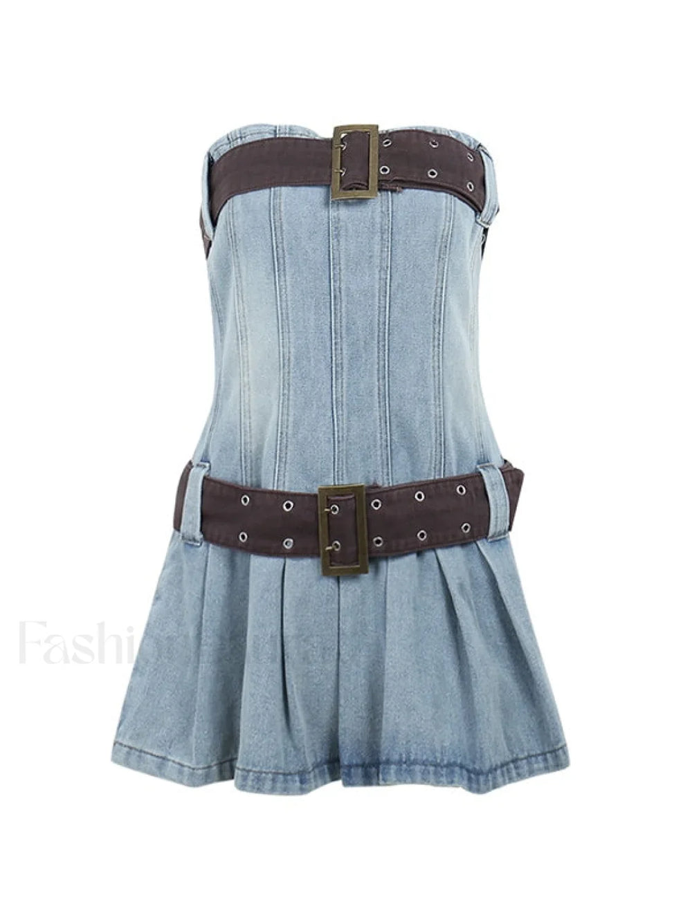Buckle Belt Strapless Denim Mini Dress Mini Dresses