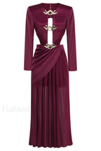 Buckle Detailed Stylish Draped Maxi Dress