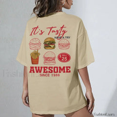 Burgers Chips Back Print Retro Foodie T Shirt Khaki / S