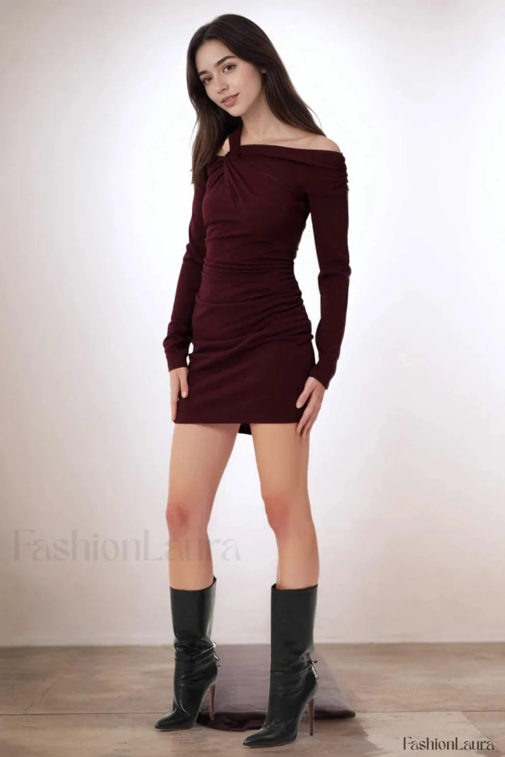 Burgundy Off Shoulder Knot Long Sleeve Bodycon Work Dress