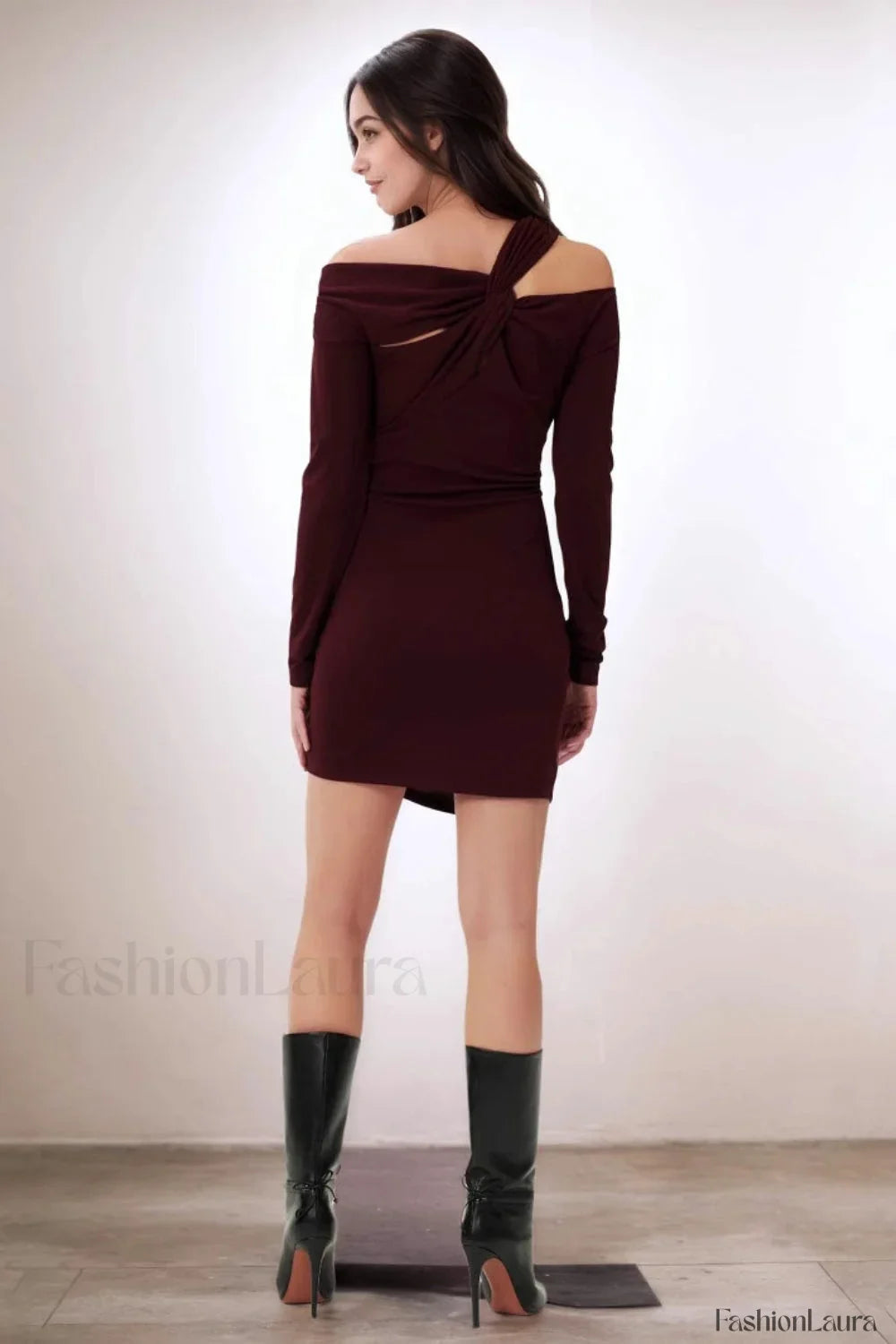 Burgundy Off Shoulder Knot Long Sleeve Bodycon Work Dress