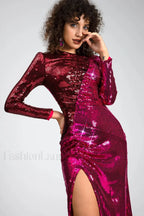 Burgundy Ruched Stylish Sequined Maxi Dress