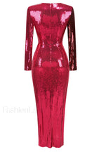 Burgundy Ruched Stylish Sequined Maxi Dress
