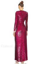 Burgundy Ruched Stylish Sequined Maxi Dress