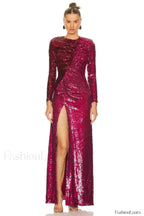 Burgundy Ruched Stylish Sequined Maxi Dress