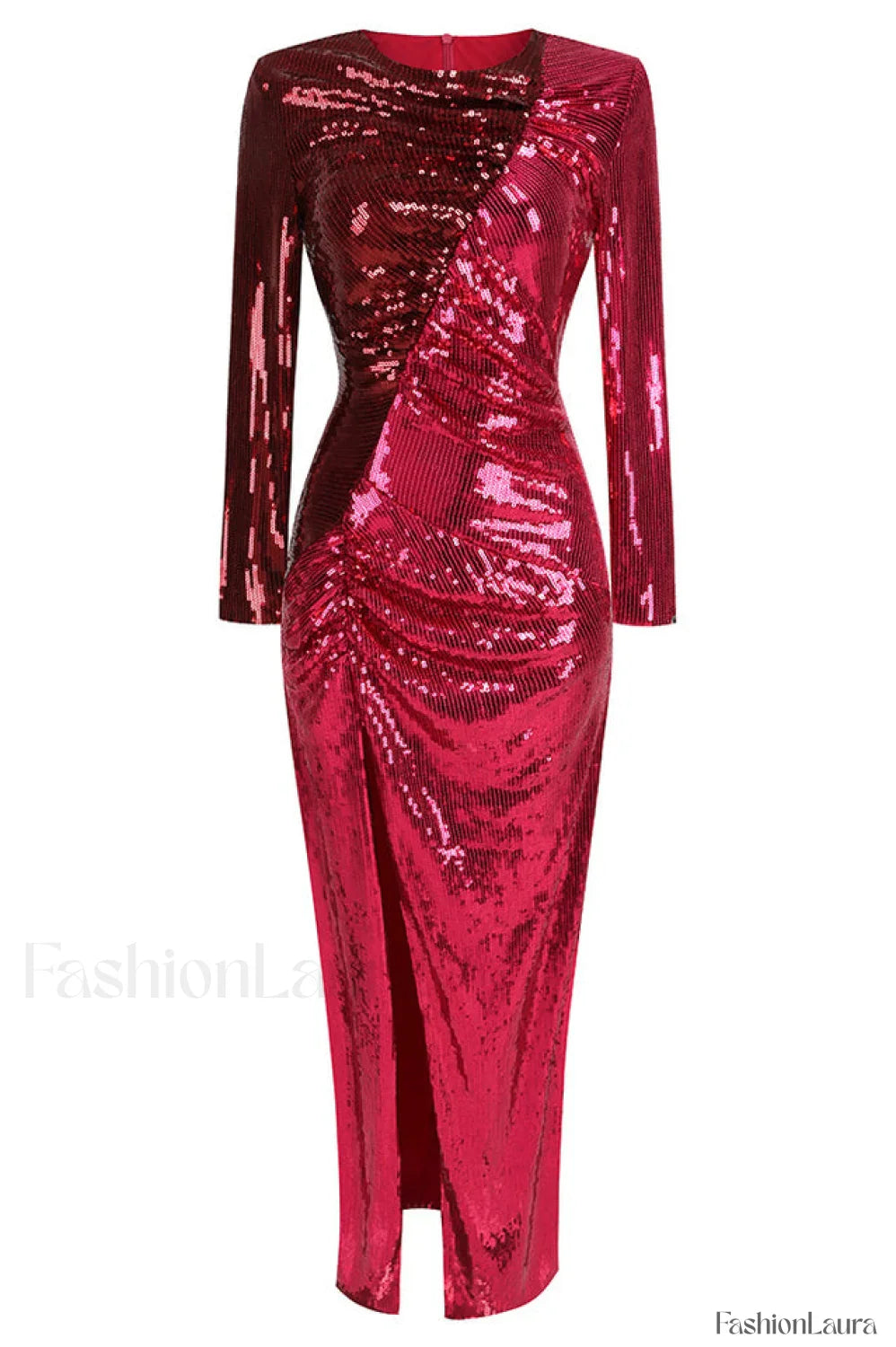 Burgundy Ruched Stylish Sequined Maxi Dress S / Burgundy