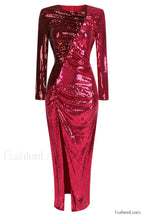 Burgundy Ruched Stylish Sequined Maxi Dress S / Burgundy