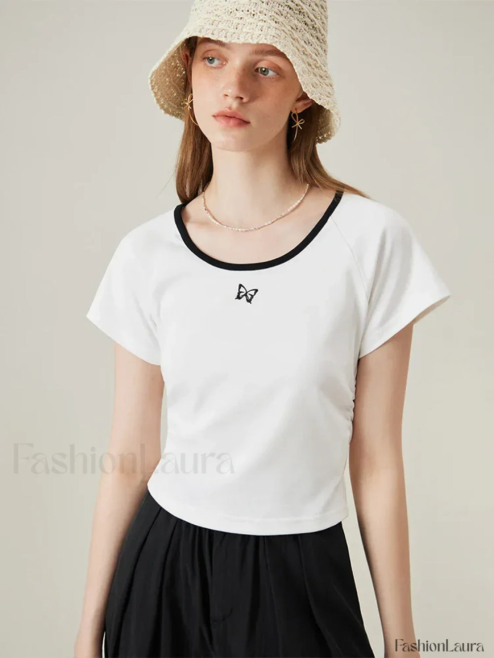 Butterfly Embroidered Raglan Sleeve T Shirt