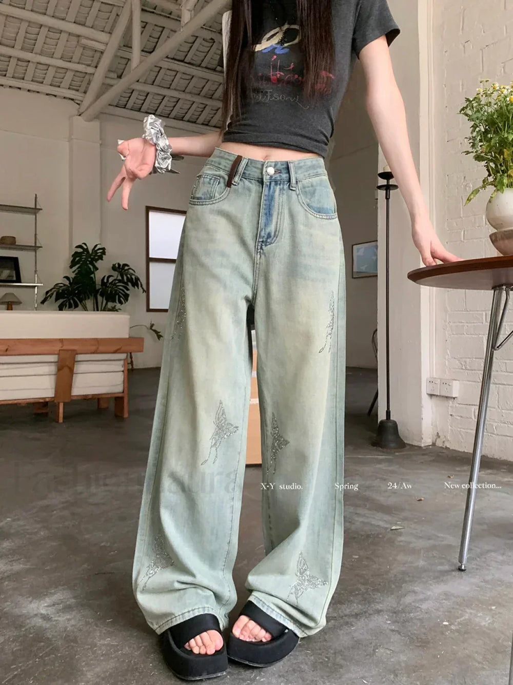 Butterfly Hot Diamond Wide leg Vintage Jeans