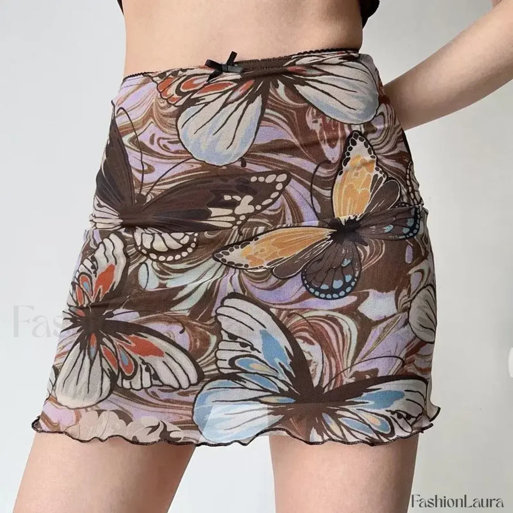 Butterfly Print Korean Bodycon Skirt Brown / S