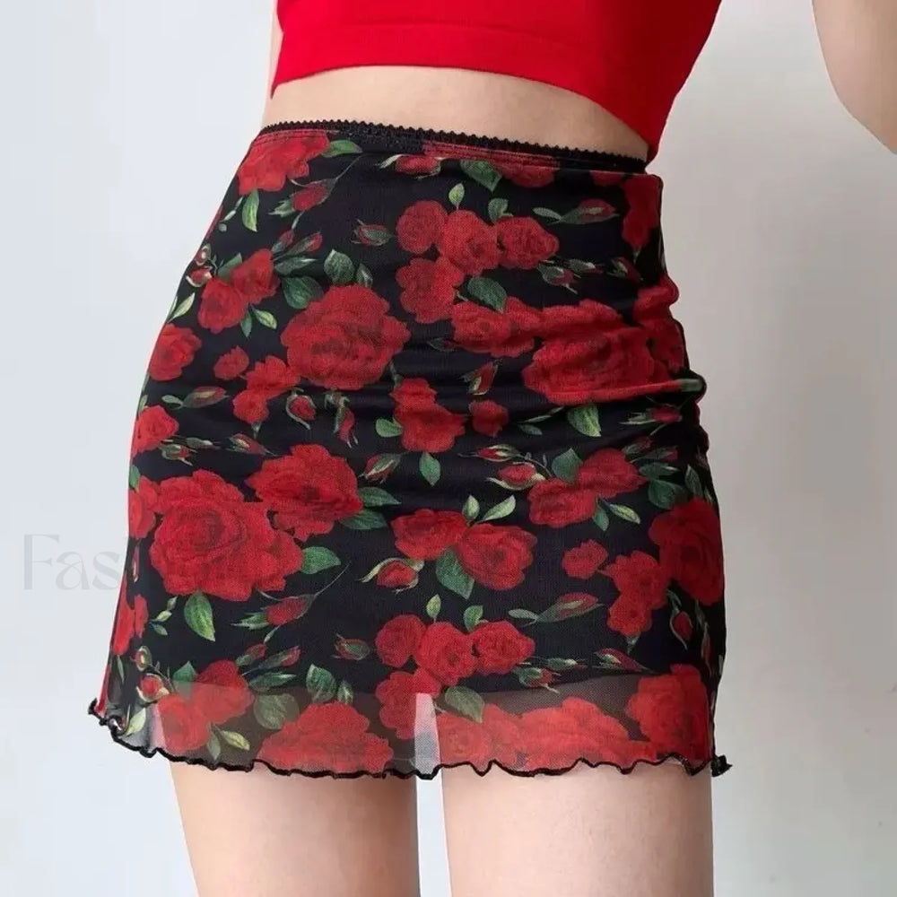 Butterfly Print Korean Bodycon Skirt Red / S