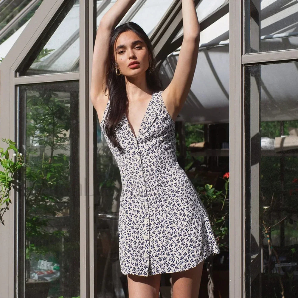 Button Back V Neck Floral Dress white / S