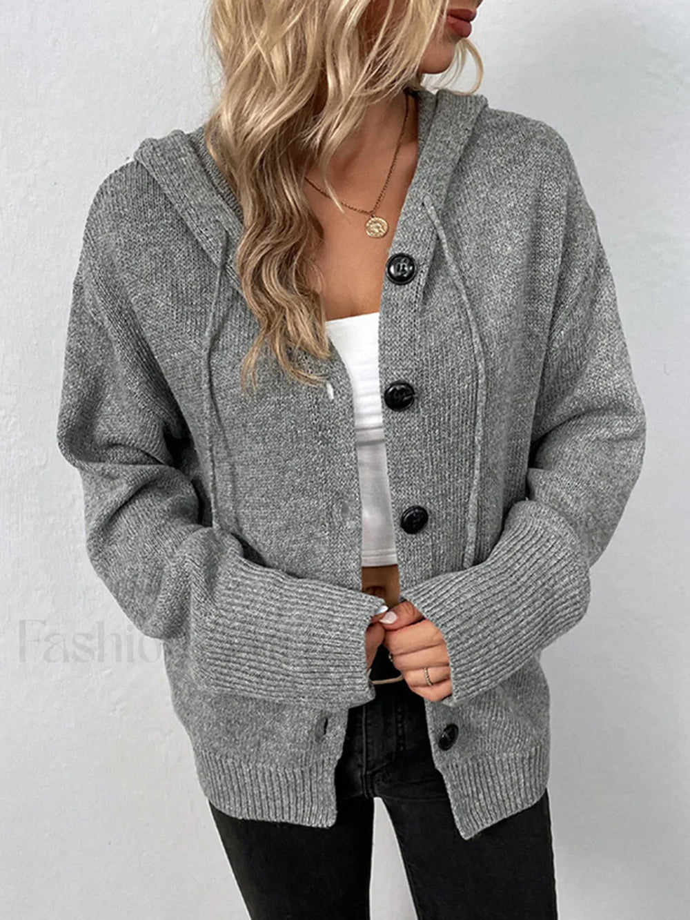 Button Drawstring Hooded Cardigan Cardigans