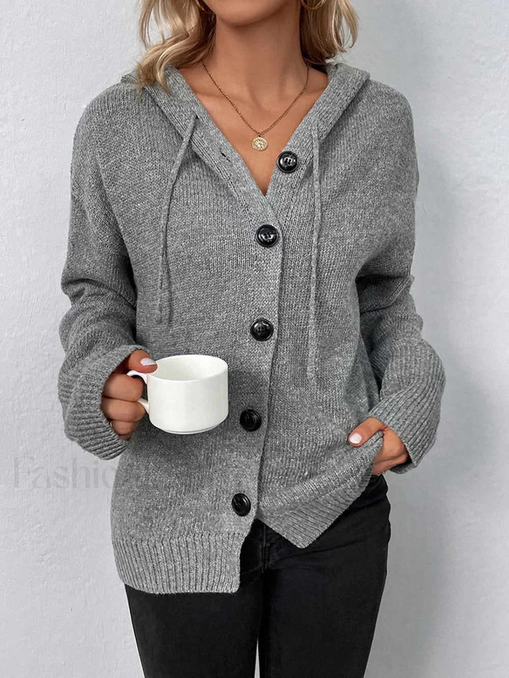 Button Drawstring Hooded Cardigan Cardigans