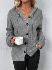 Button Drawstring Hooded Cardigan Cardigans