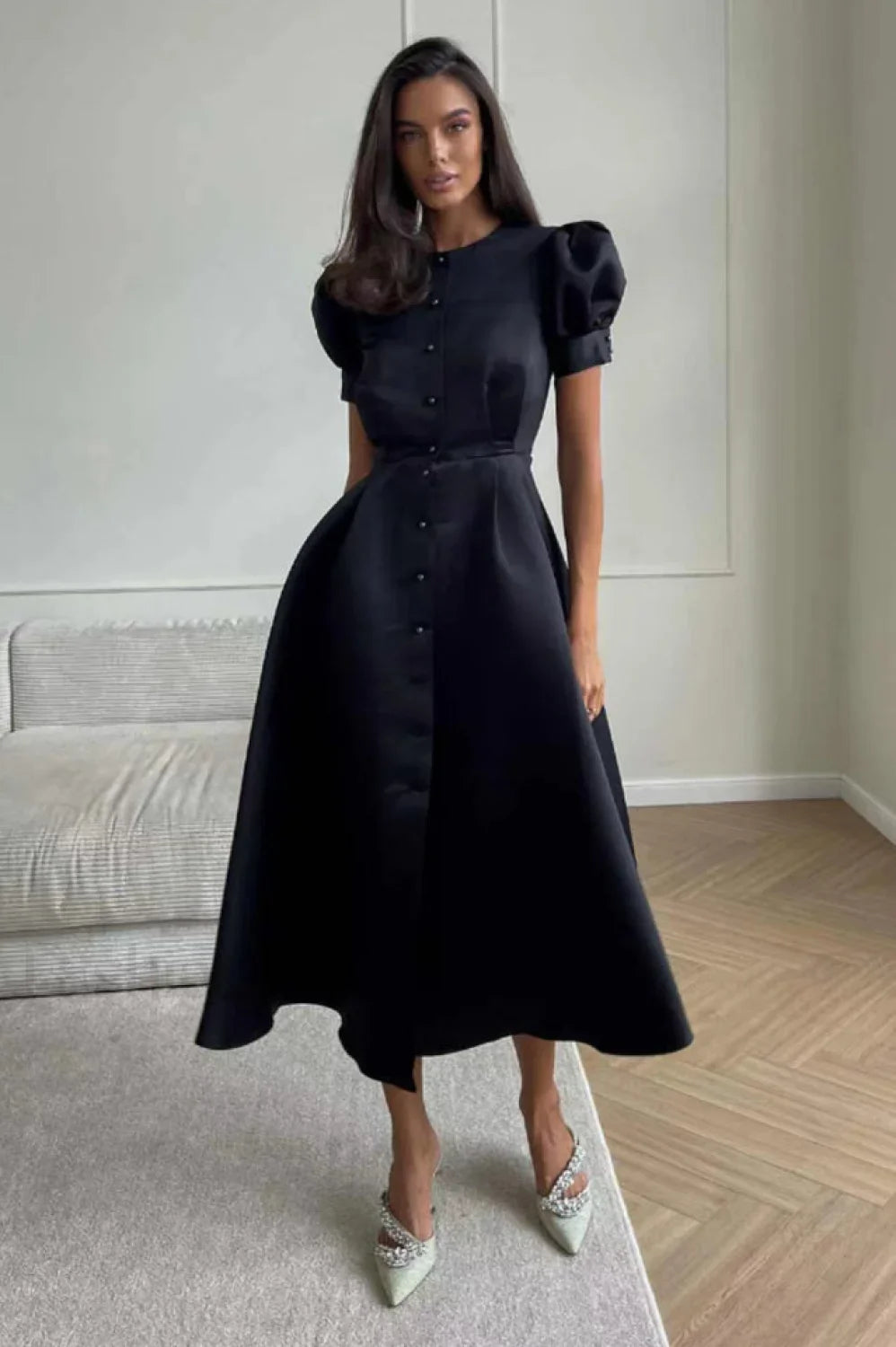 Button Front Stylish Midi Dress S / Black #