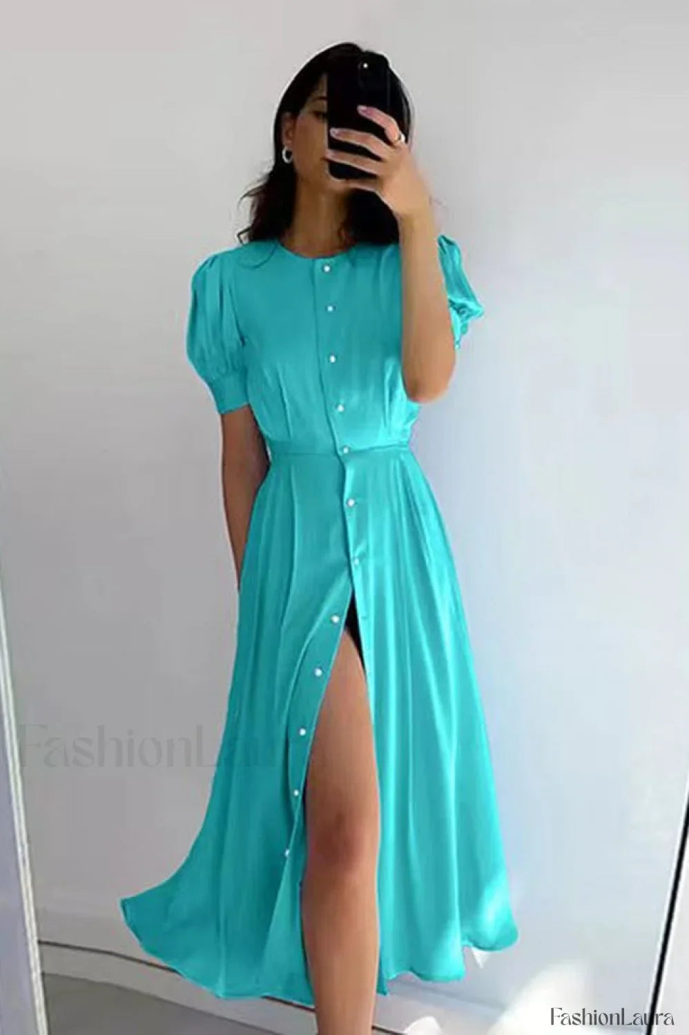 Button Front Stylish Midi Dress S / Aqua