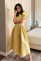 Button Front Stylish Midi Dress S / Lemon