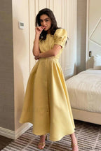 Button Front Stylish Midi Dress S / Lemon