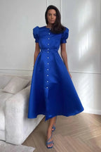 Button Front Stylish Midi Dress S / Royal Blue