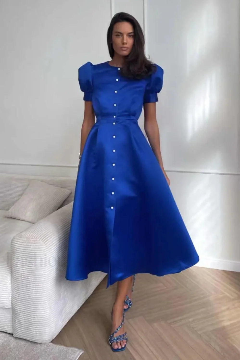 Button Front Stylish Midi Dress S / Royal Blue