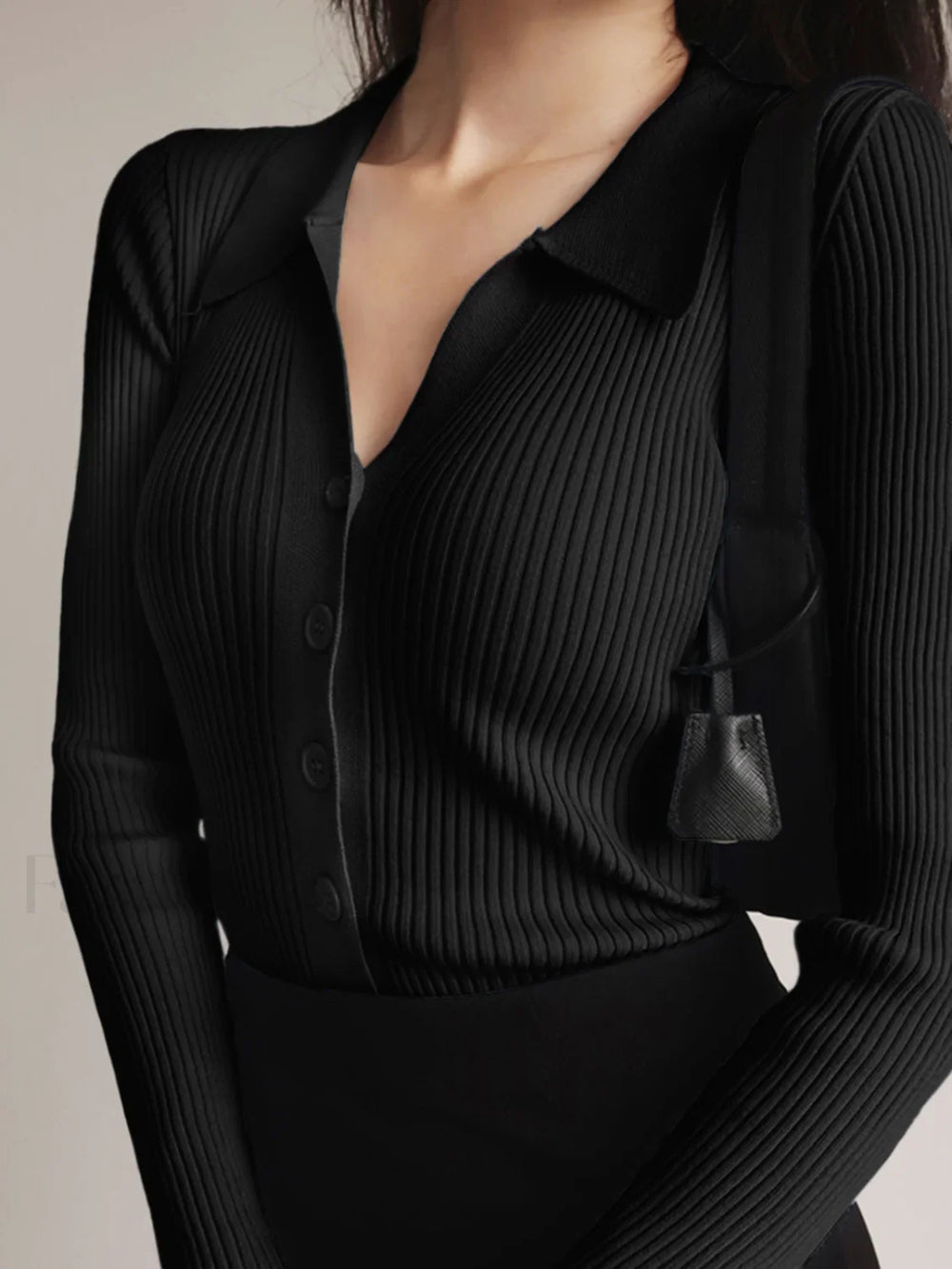 Button Up Graceful Collared Cardigan Sweaters L