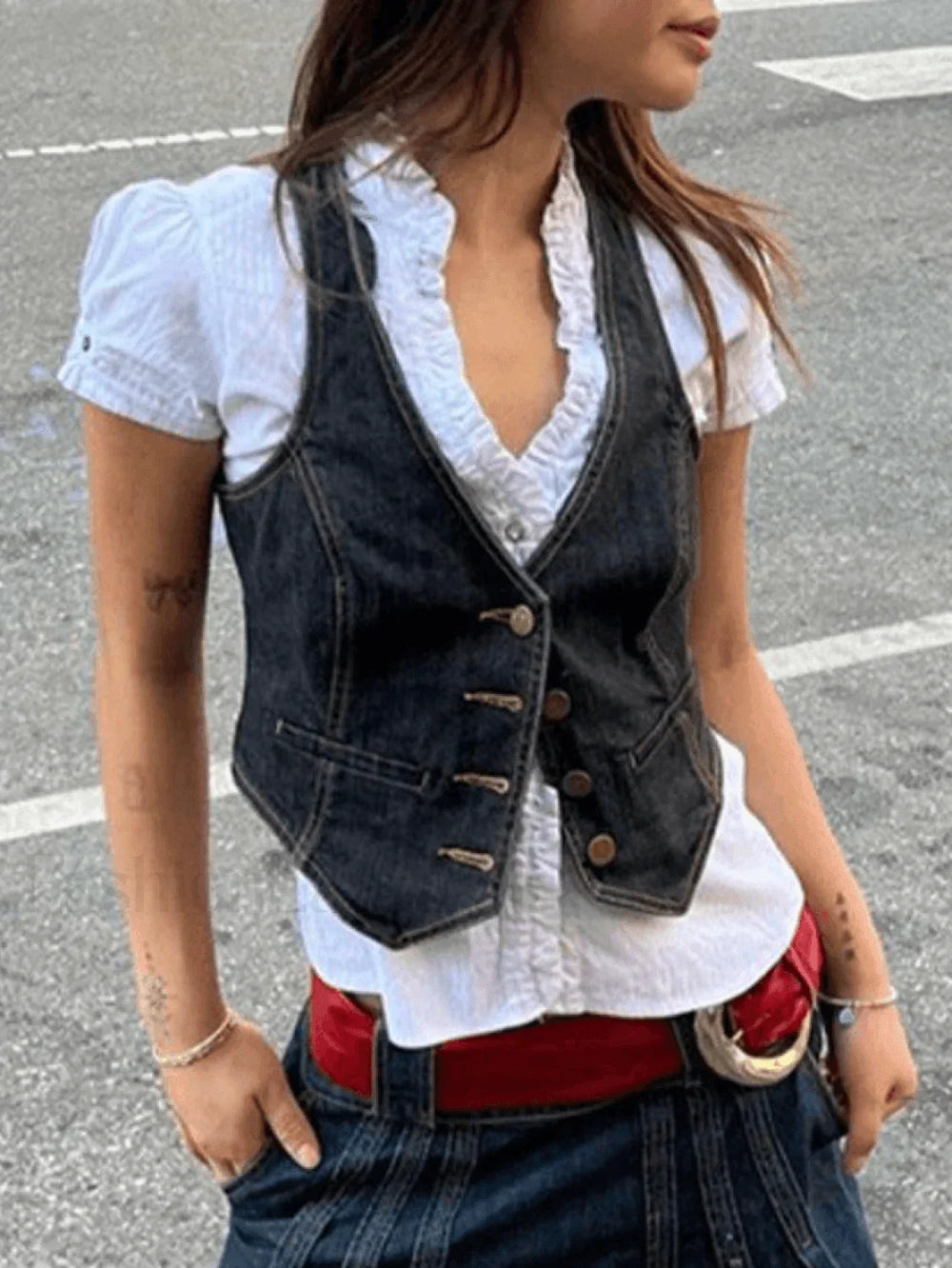 Buttoned Denim Y2K Corset Top Tops&Tees