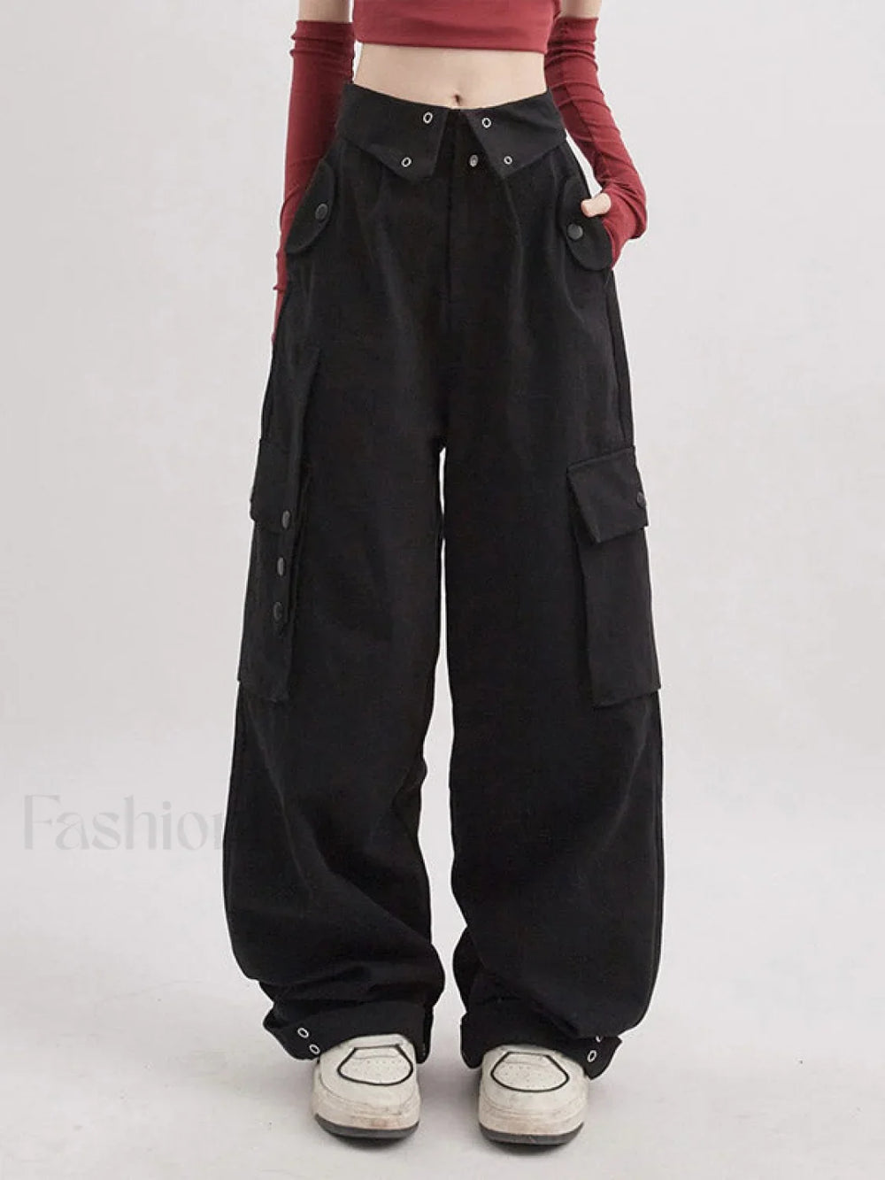 Buttoned High Waisted Cargo Pants Black / S Cargo Pants