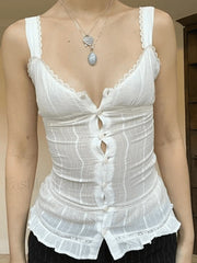 Buttoned Lace Trim Tank Top Tops&Tees