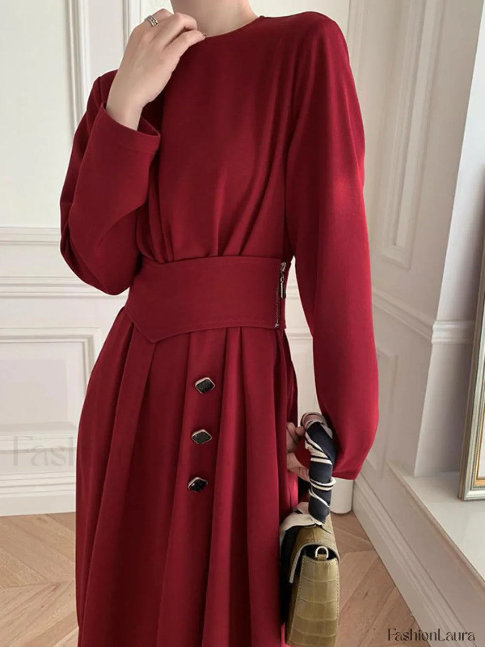 Buttoned Long Sleeve Corset Midi Dress Midi Dresses