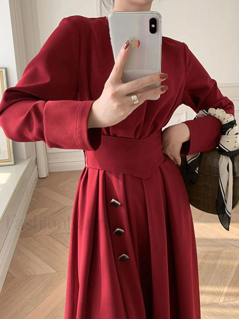 Buttoned Long Sleeve Corset Midi Dress Midi Dresses