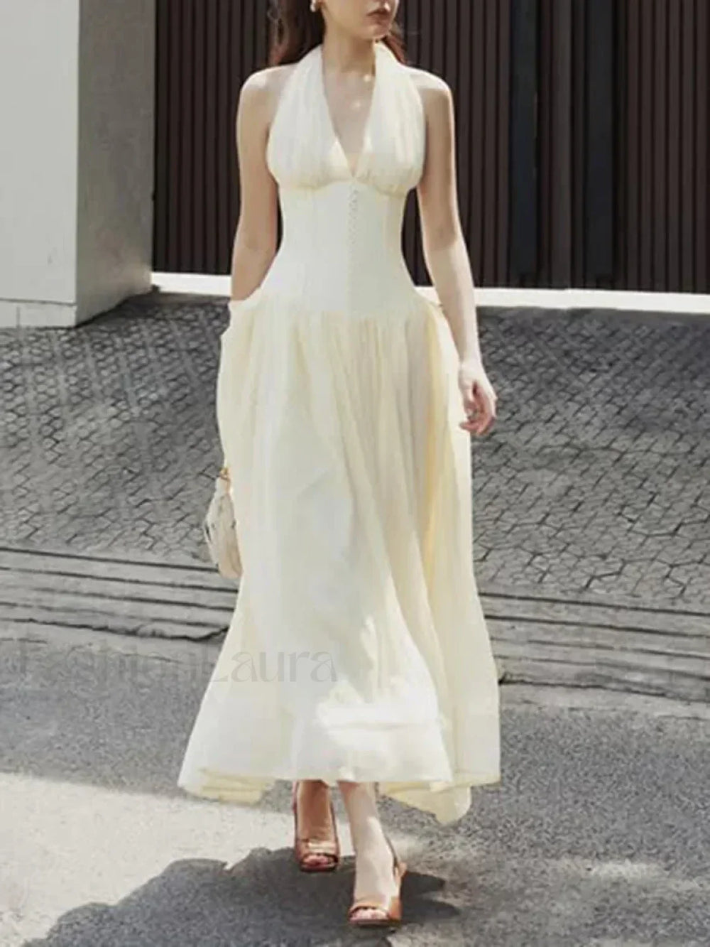 Buttoned Patchwork V Neck Maxi Dress