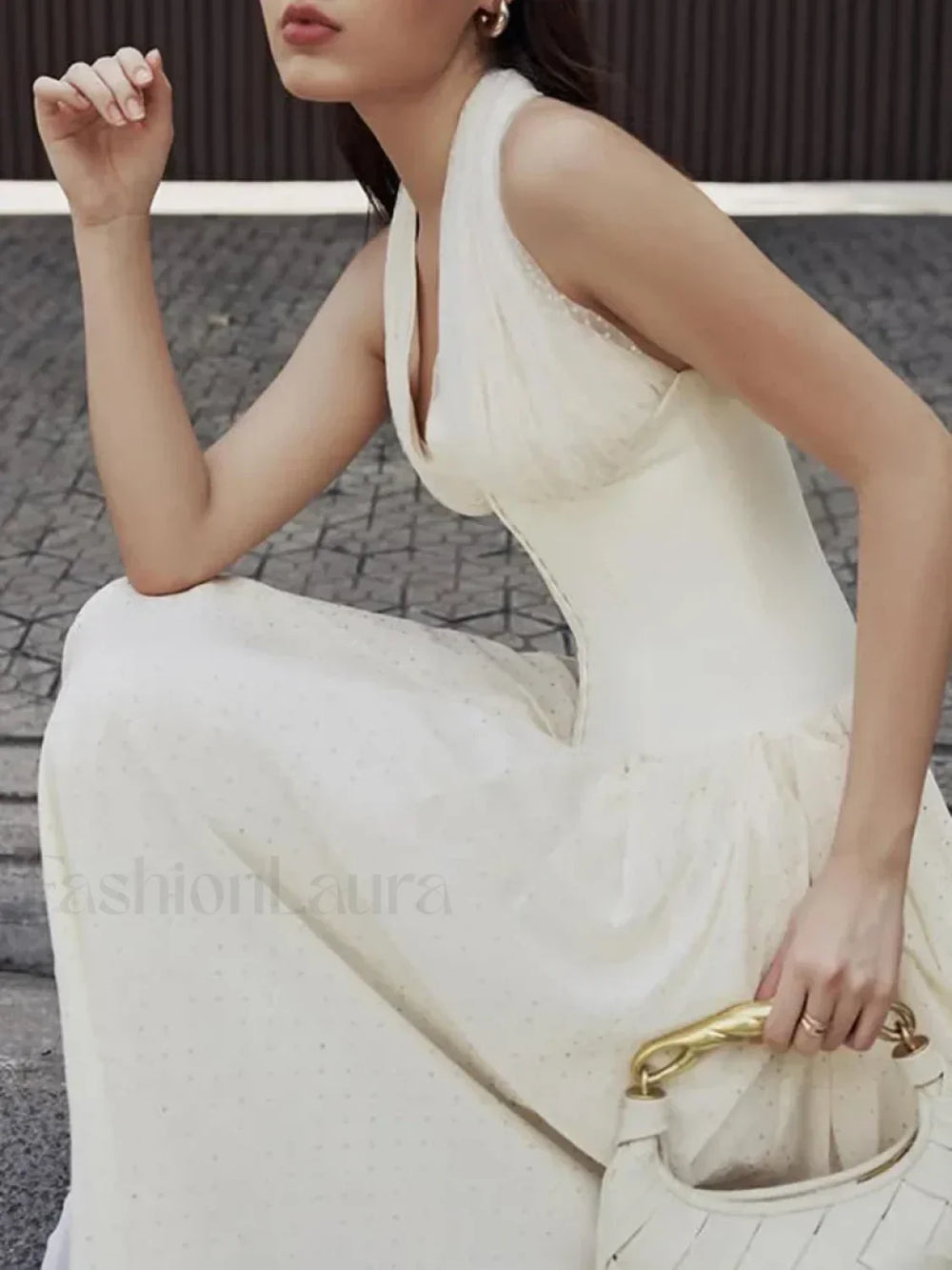 Buttoned Patchwork V Neck Maxi Dress