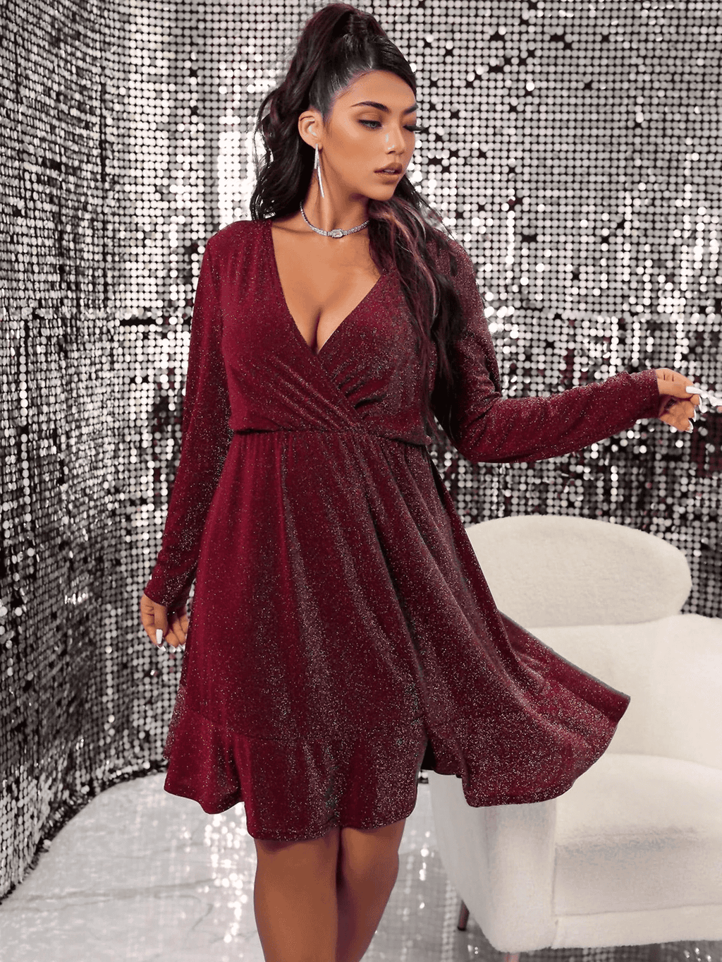 JuliaFashion - Sexy Curve V-Neck Long Sleeve Evening Party Dress