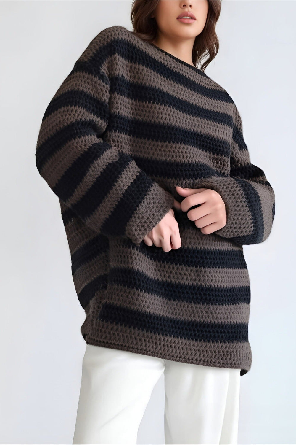Striped Knit Casual Loose Sweater Grey / S