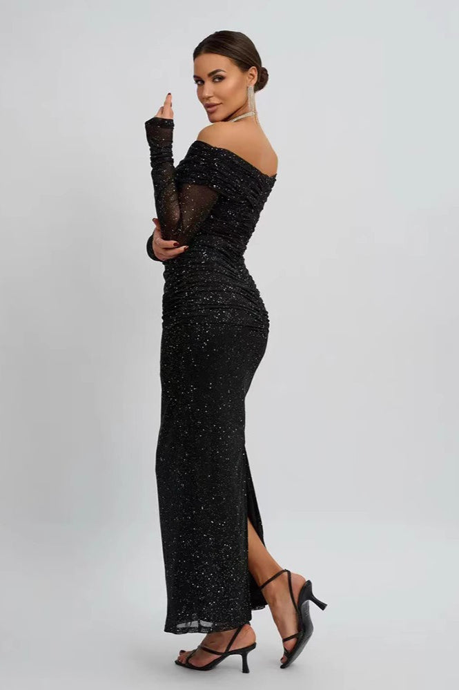 Strapless Mesh Long Sleeve Maxi Party Dress