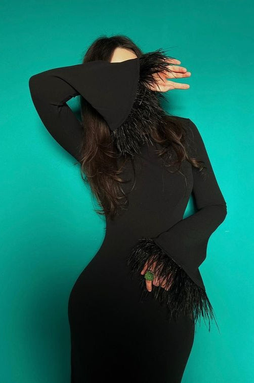 Feather Trim Bodycon Maxi Dress