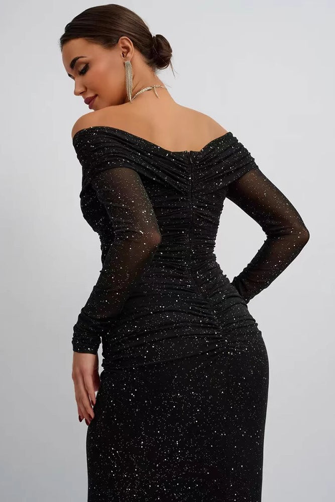 Strapless Mesh Long Sleeve Maxi Party Dress