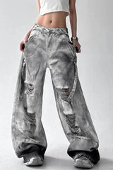 Tie Dye Ripped Wide Leg Jeans Grey / S