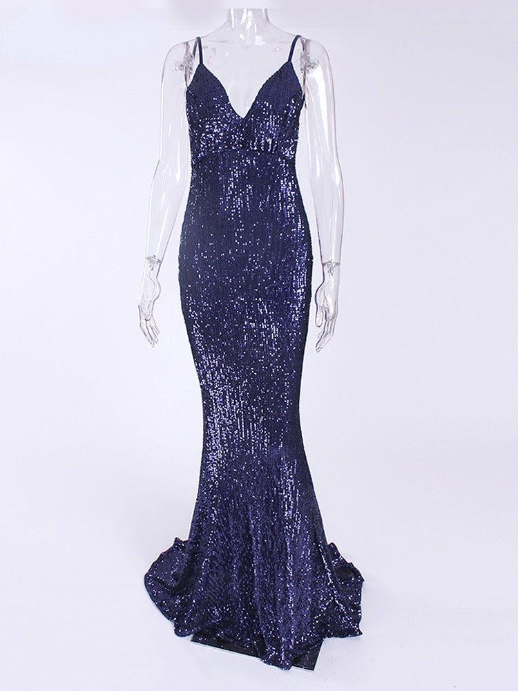 JuliaFashion - Sequined Evening Backless Deep V-Neck Wedding Dress