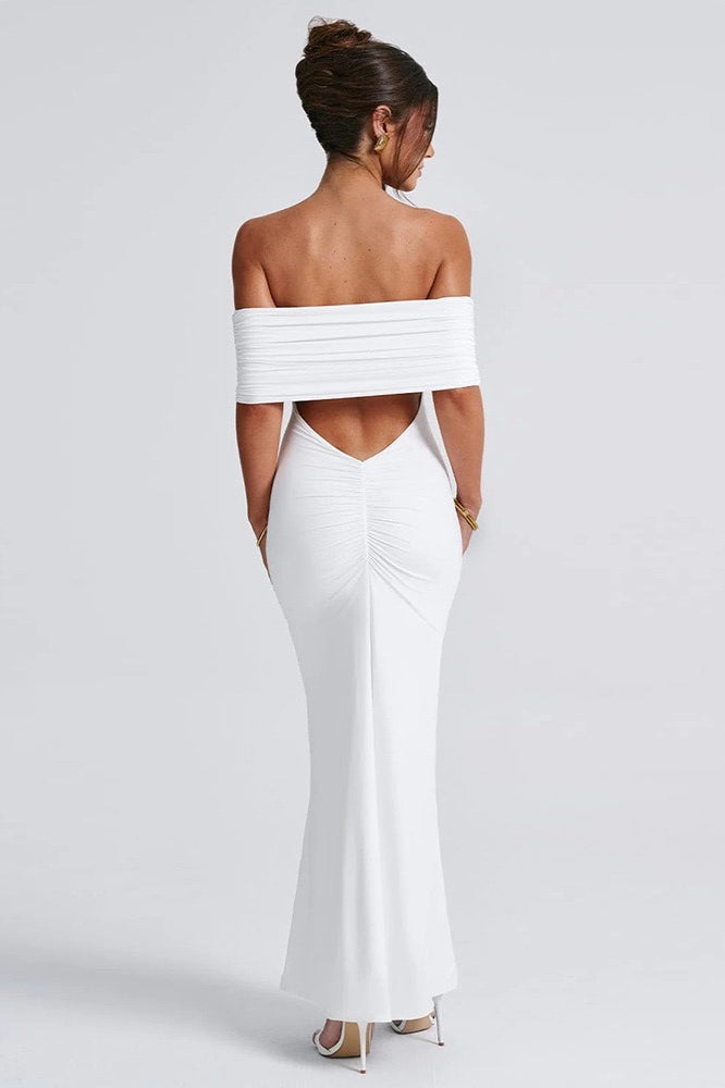Solid Off Shoulder Ruched Formal Dress