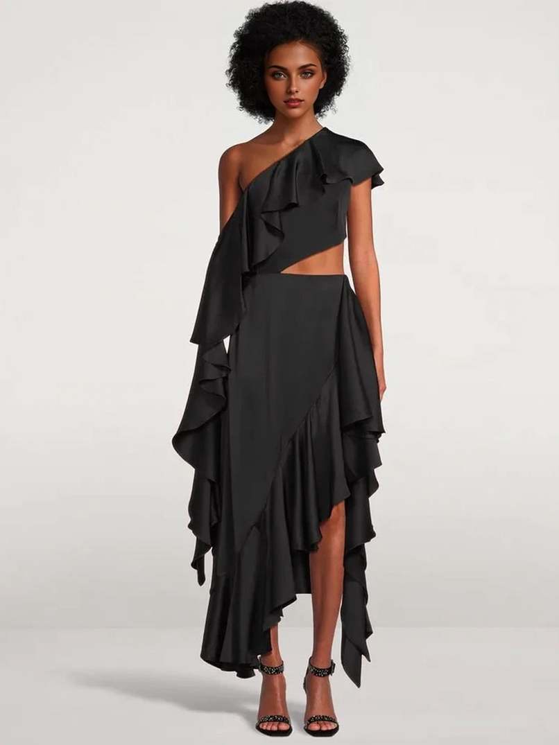 JuliaFashion - Sexy Black Slanted Shoulder Midi Cutout Dress