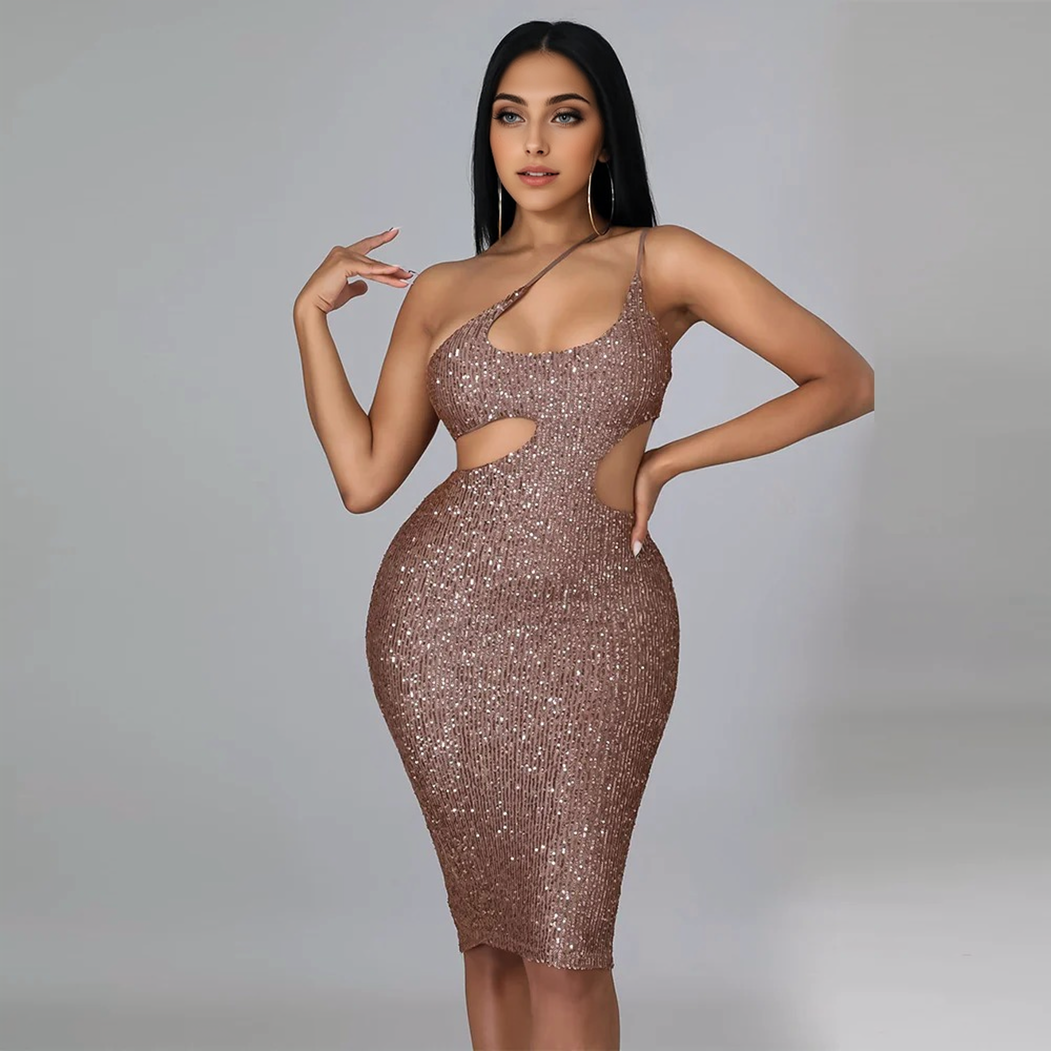 Julia Fashion - Sexy Slant Shoulder Backless Sequined Midi Dress