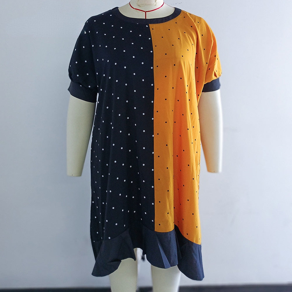 JuliaFashion-Contrast Color Round Neck Dot Ruffle Hem Dresses