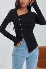 Ruched Button Detail Asymmetric Knit Top