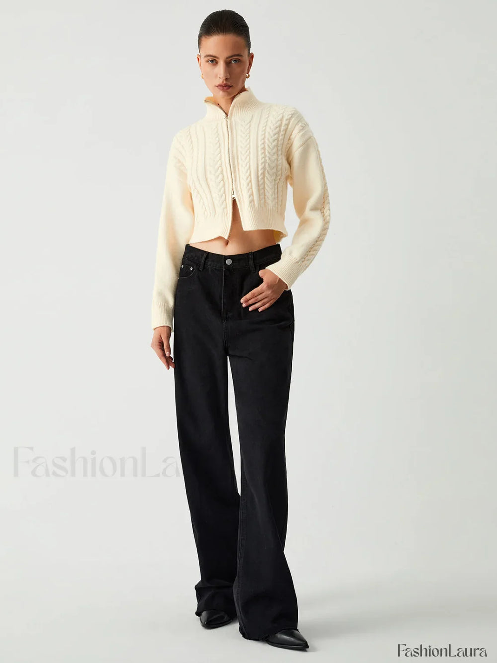 Cable Knit Two Trendy Way Zip Crop Cardigan Sweaters L