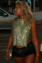 Full Rhinestone High Neck Tank Top